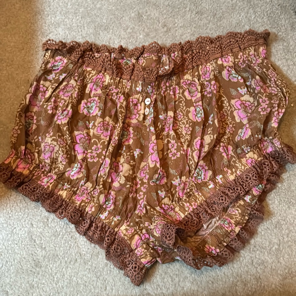 Free People Brown Floral Lace Trim Shorts